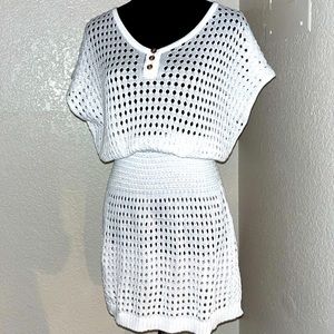 Crochet Beach Cover Up Button Short Sleeve Mini Dress